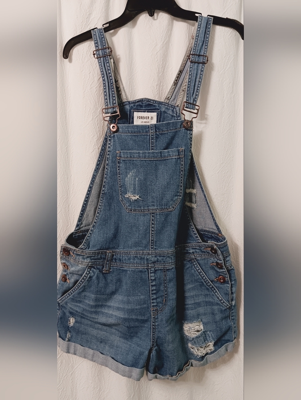 Forever 21 Washed Blue Distressed Denim Short Overalls